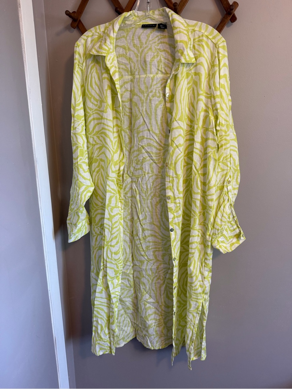 Tahari Lime Green White Linen Blend Zebra Palm Print Shirt Dress Duster L